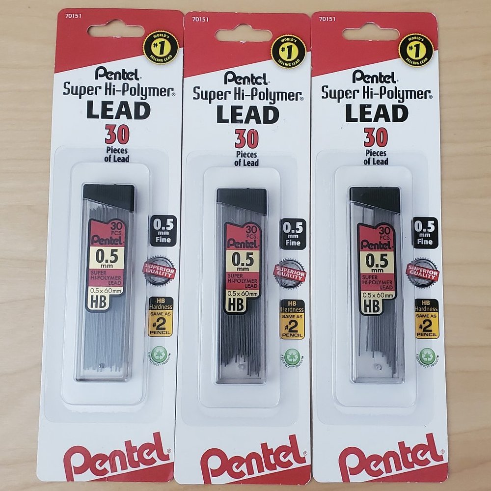 3 Pentel Super Hi-Polymer  0.5 mm x 60 mm Mechanical Pencil HB Leads 30 Each